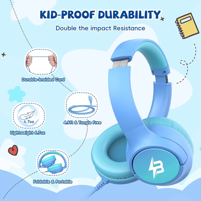 Alt view image 6 of 7 - USB C Headphones Wired for Kids, 85/94dB Volume Limit With Mic, Light Blue Kid Headphones for School, Wired Over Ear USBC Plug in Corded Headphones for Boys Girl Toddler, iPad, Tablet, Airplane Travel