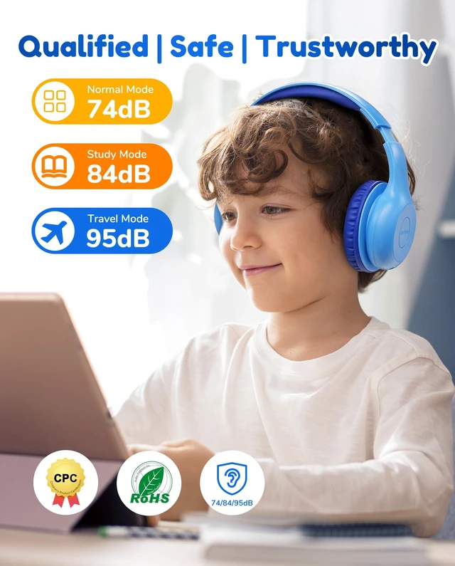Alt view image 2 of 7 - K2 Kids Bluetooth Headphones for School, Kids Headphones with Mic Volume Limited, 40H Playtime, Built-in Mic, Stereo Sound, Foldable Over-Ear Headphone for Kids/Toddler/Travel, Royal Blue