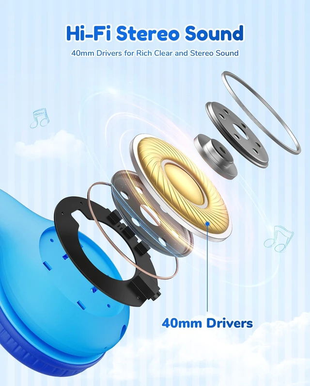 Alt view image 3 of 7 - K2 Kids Bluetooth Headphones for School, Kids Headphones with Mic Volume Limited, 40H Playtime, Built-in Mic, Stereo Sound, Foldable Over-Ear Headphone for Kids/Toddler/Travel, Royal Blue