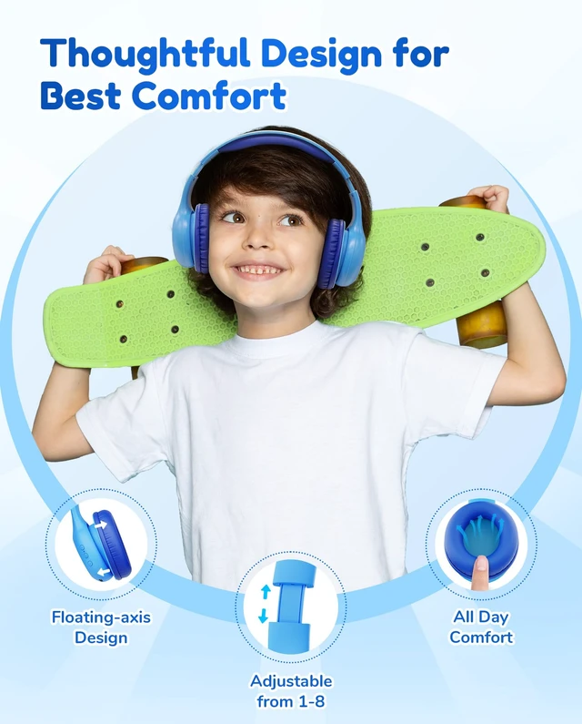 Alt view image 4 of 7 - K2 Kids Bluetooth Headphones for School, Kids Headphones with Mic Volume Limited, 40H Playtime, Built-in Mic, Stereo Sound, Foldable Over-Ear Headphone for Kids/Toddler/Travel, Royal Blue