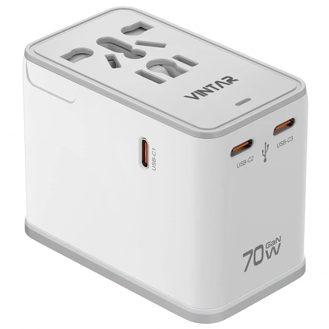 Main image of Universal Travel Adapter 70W GaN, 5-in-1 with 3USB-C PD & 1USB-A QC International Power Adapter, Fast Charging for Laptops/Tablets/Phones, All-in-One Travel Essentials for EU/UK/US/AU, White