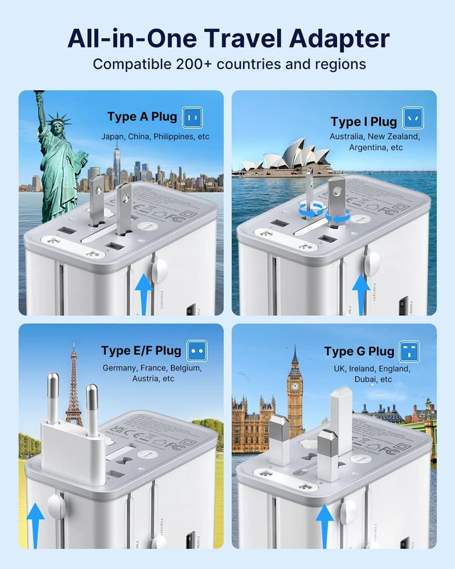 Alt view image 3 of 6 - Universal Travel Adapter 70W GaN, 5-in-1 with 3USB-C PD & 1USB-A QC International Power Adapter, Fast Charging for Laptops/Tablets/Phones, All-in-One Travel Essentials for EU/UK/US/AU, White