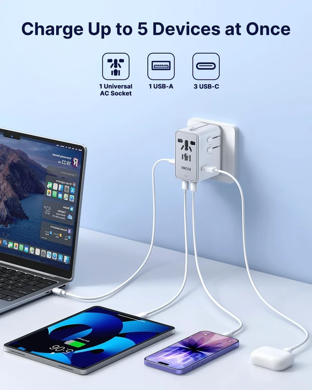 Alt view image 4 of 6 - Universal Travel Adapter 70W GaN, 5-in-1 with 3USB-C PD & 1USB-A QC International Power Adapter, Fast Charging for Laptops/Tablets/Phones, All-in-One Travel Essentials for EU/UK/US/AU, White