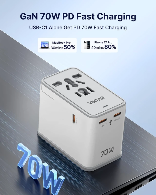 Alt view image 2 of 6 - Universal Travel Adapter 70W GaN, 5-in-1 with 3USB-C PD & 1USB-A QC International Power Adapter, Fast Charging for Laptops/Tablets/Phones, All-in-One Travel Essentials for EU/UK/US/AU, White