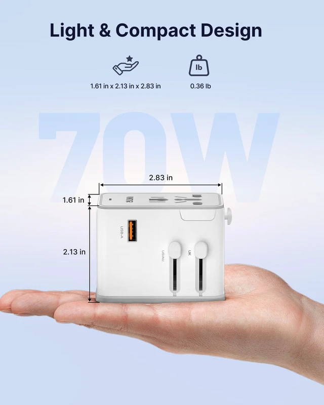 Alt view image 5 of 6 - Universal Travel Adapter 70W GaN, 5-in-1 with 3USB-C PD & 1USB-A QC International Power Adapter, Fast Charging for Laptops/Tablets/Phones, All-in-One Travel Essentials for EU/UK/US/AU, White