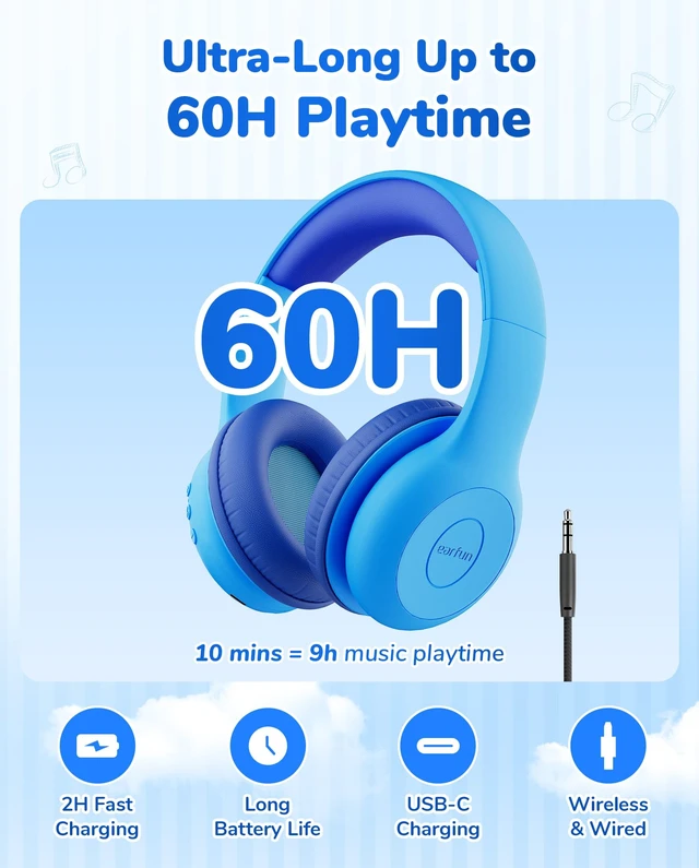 Alt view image 6 of 7 - K2 Kids Bluetooth Headphones for School, Kids Headphones with Mic Volume Limited, 40H Playtime, Built-in Mic, Stereo Sound, Foldable Over-Ear Headphone for Kids/Toddler/Travel, Royal Blue