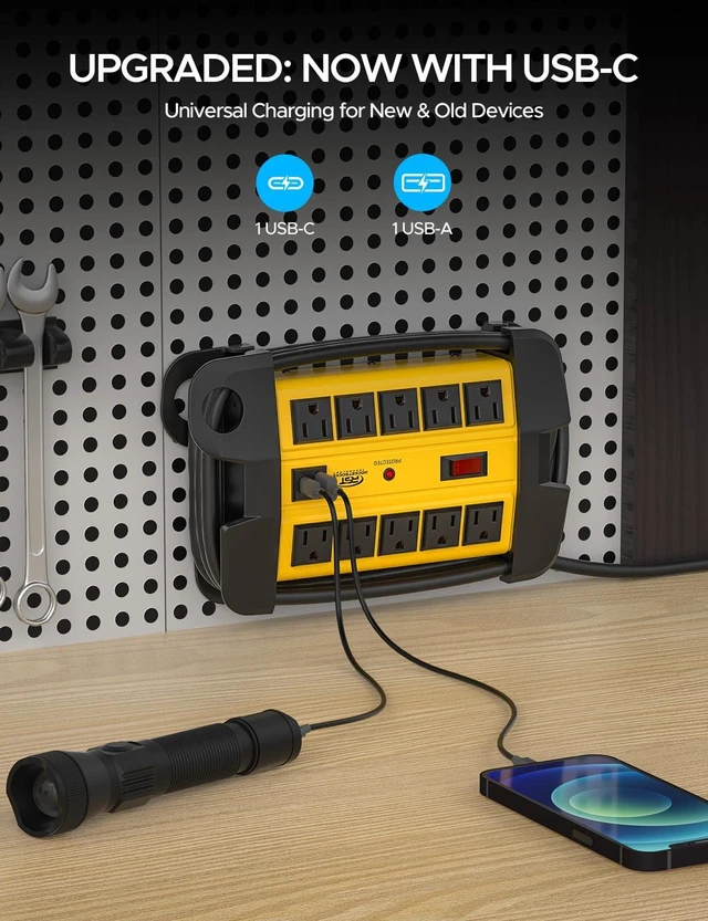 Alt view image 2 of 6 - 10-Outlet Heavy Duty Power Strip with USB-C, 6FT Cord, ETL Listed Metal Surge Protector Power Strip with 2800J,15A Circuit Breaker, Wall Mount, Cord Management (6FT 2USB 2800J)