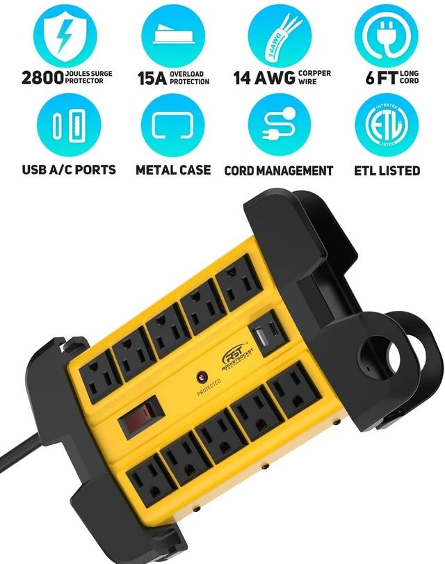 Alt view image 3 of 6 - 10-Outlet Heavy Duty Power Strip with USB-C, 6FT Cord, ETL Listed Metal Surge Protector Power Strip with 2800J,15A Circuit Breaker, Wall Mount, Cord Management (6FT 2USB 2800J)