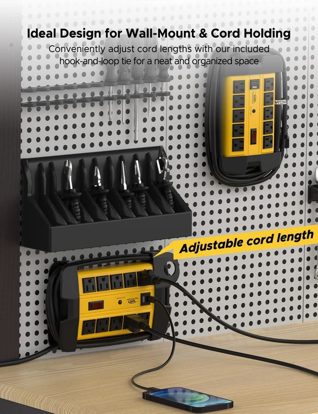 Alt view image 4 of 6 - 10-Outlet Heavy Duty Power Strip with USB-C, 6FT Cord, ETL Listed Metal Surge Protector Power Strip with 2800J,15A Circuit Breaker, Wall Mount, Cord Management (6FT 2USB 2800J)