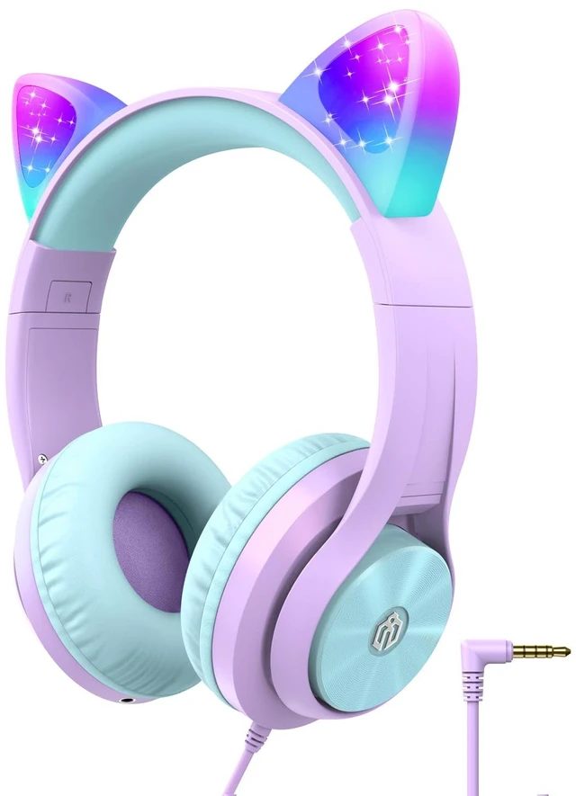 Main image of HS20 Kids Headphones for Toddler Girls, Cat Ear LED Light Up School SafeSound Tech, 3.5mm Wired Foldable, Stereo Sound, Over-Ear Headphones for Kids for iPad/Tablet/Travel/Gift, Light Purple