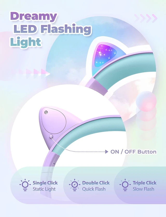 Alt view image 2 of 6 - HS20 Kids Headphones for Toddler Girls, Cat Ear LED Light Up School SafeSound Tech, 3.5mm Wired Foldable, Stereo Sound, Over-Ear Headphones for Kids for iPad/Tablet/Travel/Gift, Light Purple