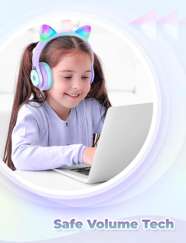 Alt view image 4 of 6 - HS20 Kids Headphones for Toddler Girls, Cat Ear LED Light Up School SafeSound Tech, 3.5mm Wired Foldable, Stereo Sound, Over-Ear Headphones for Kids for iPad/Tablet/Travel/Gift, Light Purple