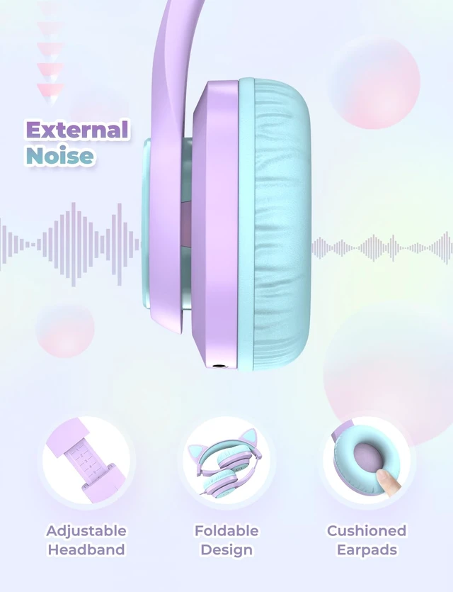 Alt view image 5 of 6 - HS20 Kids Headphones for Toddler Girls, Cat Ear LED Light Up School SafeSound Tech, 3.5mm Wired Foldable, Stereo Sound, Over-Ear Headphones for Kids for iPad/Tablet/Travel/Gift, Light Purple