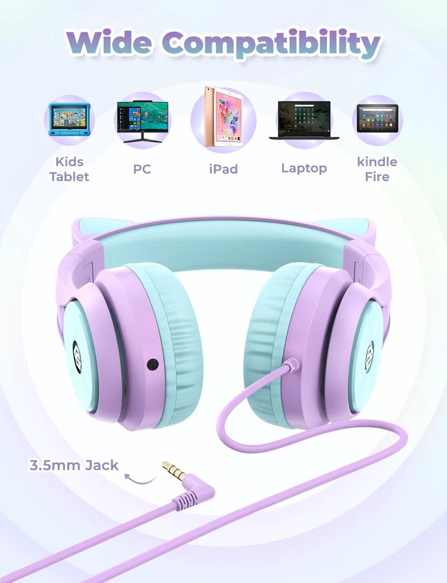 Alt view image 6 of 6 - HS20 Kids Headphones for Toddler Girls, Cat Ear LED Light Up School SafeSound Tech, 3.5mm Wired Foldable, Stereo Sound, Over-Ear Headphones for Kids for iPad/Tablet/Travel/Gift, Light Purple