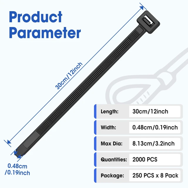 Alt view image 2 of 7 - 12 Inch 2000 PCS Zip Ties, Cable Ties 50lbs Tensile Strength, Black Zip Ties for Indoor and Outdoor Use, UV Resistant Wire Ties