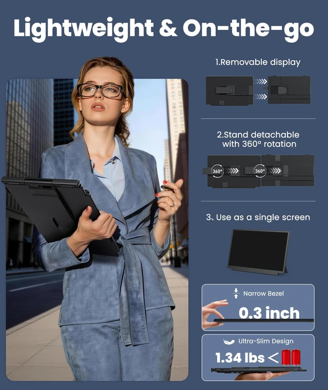 Alt view image 4 of 7 - 15.6" Detachable Laptop Screen Extender, Ultra-Light Portable Monitor FHD 1080P Display, Dual Monitor for 14"-17.3" Laptops, One Cable Plug & Play, Compatible with Windows, Mac, ChromeOS, PS5