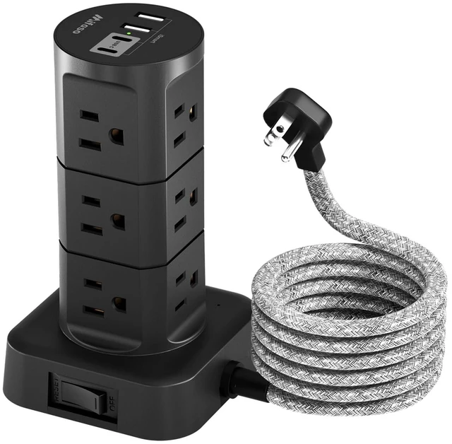 Main image of Charging Station Tower, 10Ft Power Strips with Surge Protection, Flat Plug 12 Outlets 4 USB Ports, 1875W/15A 1080J Extension Cord with Multiple Outlets, Office Desk Supplies, Dorm Essentials