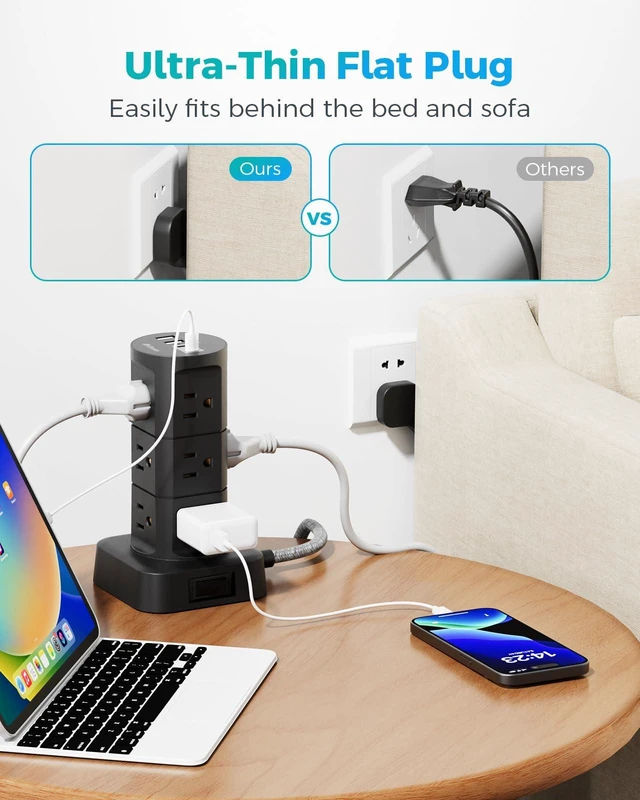 Alt view image 2 of 7 - Charging Station Tower, 10Ft Power Strips with Surge Protection, Flat Plug 12 Outlets 4 USB Ports, 1875W/15A 1080J Extension Cord with Multiple Outlets, Office Desk Supplies, Dorm Essentials
