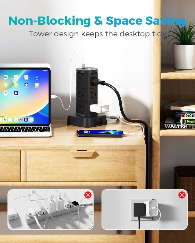 Alt view image 5 of 7 - Charging Station Tower, 10Ft Power Strips with Surge Protection, Flat Plug 12 Outlets 4 USB Ports, 1875W/15A 1080J Extension Cord with Multiple Outlets, Office Desk Supplies, Dorm Essentials