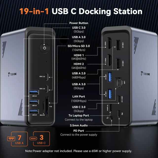 Alt view image 2 of 7 - 19-in-1 Laptop Docking Station Dual Monitor,10 USB C/A,2×4K HDMI Docking Station with Ethernet,PD 3.0, for Office & Home Multi-Screen Users, Fits Windows/HP/Dell Laptops (No Power Adapter)