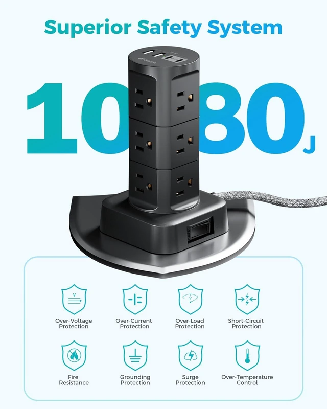 Alt view image 7 of 7 - Charging Station Tower, 10Ft Power Strips with Surge Protection, Flat Plug 12 Outlets 4 USB Ports, 1875W/15A 1080J Extension Cord with Multiple Outlets, Office Desk Supplies, Dorm Essentials