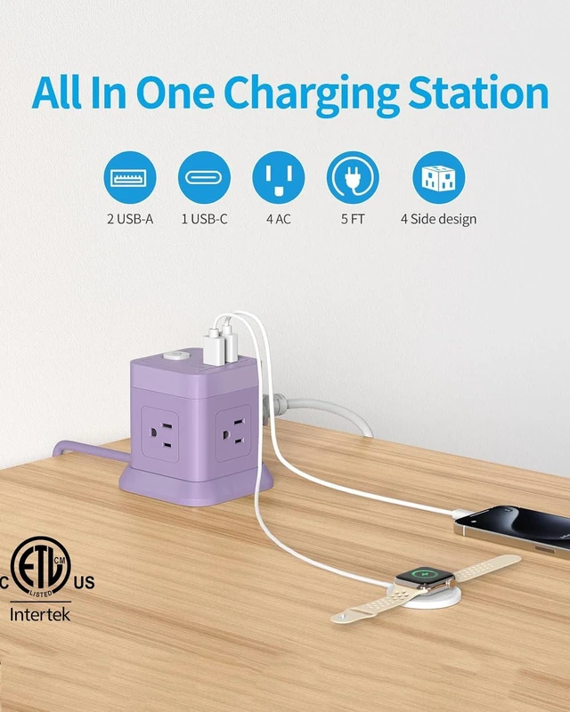 Alt view image 2 of 6 - Cube Power Strip USB C, 4 Outlets 3 USB 5 FT Extension Cord Purple Space Saving Cube Shape Widely Spaced Outlets with USB C Port Flat Plug Power Strip for Travel Dorm Office Bedroom ETL Listed