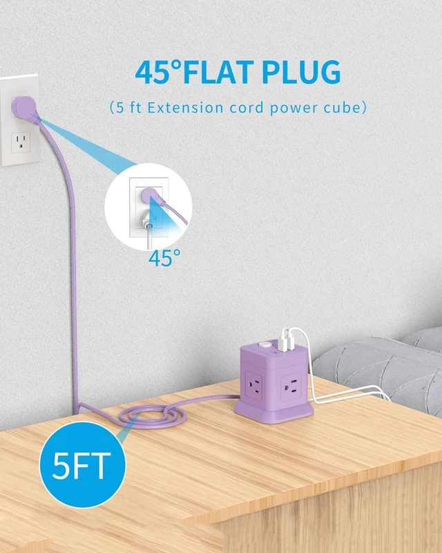 Alt view image 4 of 6 - Cube Power Strip USB C, 4 Outlets 3 USB 5 FT Extension Cord Purple Space Saving Cube Shape Widely Spaced Outlets with USB C Port Flat Plug Power Strip for Travel Dorm Office Bedroom ETL Listed