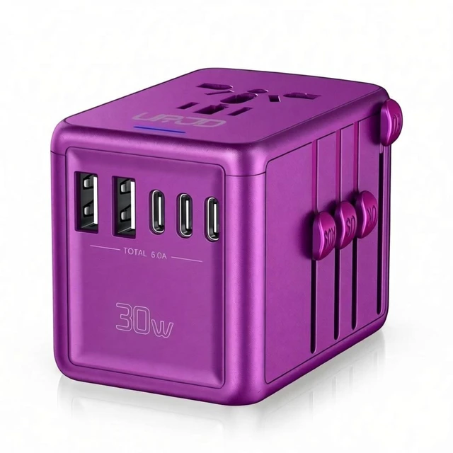 Main image of Universal Travel Adapter, 30W Fast Charging, for Europe UK US, Purple 3 USB-C + 2 USB-A Ports & 2500W AC Outlet, International Power Adapter for Phone Laptop, Travel Charger for 200+ Countries