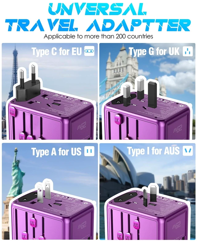 Alt view image 3 of 7 - Universal Travel Adapter, 30W Fast Charging, for Europe UK US, Purple 3 USB-C + 2 USB-A Ports & 2500W AC Outlet, International Power Adapter for Phone Laptop, Travel Charger for 200+ Countries