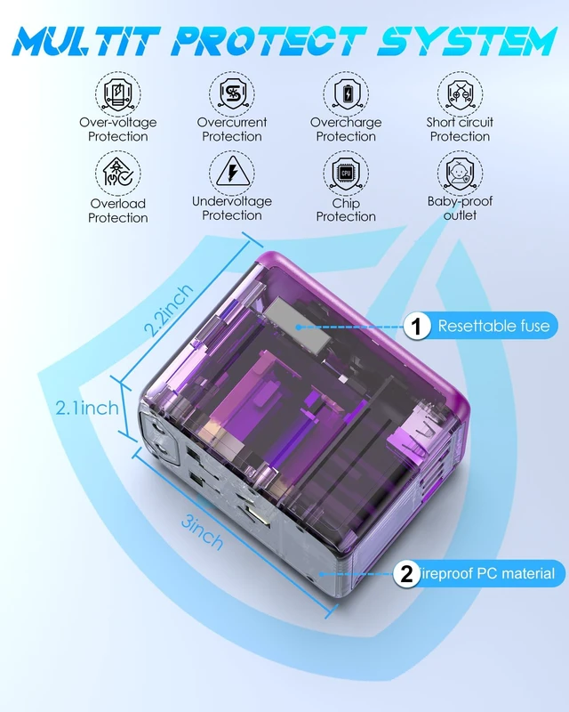 Alt view image 5 of 7 - Universal Travel Adapter, 30W Fast Charging, for Europe UK US, Purple 3 USB-C + 2 USB-A Ports & 2500W AC Outlet, International Power Adapter for Phone Laptop, Travel Charger for 200+ Countries