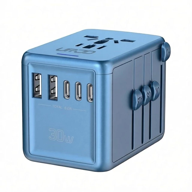Main image of Universal Travel Adapter with 5 USB C/A Ports 30W Fast Charging, Blue International Power Adapter for Europe UK Japan 200+ Countries, Travel Charger for Phone Laptop, 10A Fuse, 2500W AC Outlet