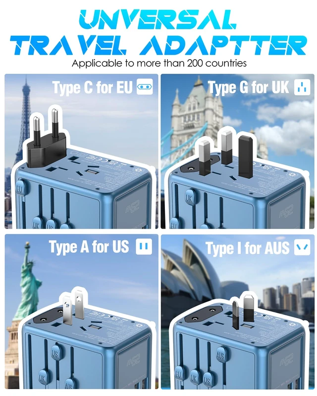 Alt view image 2 of 6 - Universal Travel Adapter with 5 USB C/A Ports 30W Fast Charging, Blue International Power Adapter for Europe UK Japan 200+ Countries, Travel Charger for Phone Laptop, 10A Fuse, 2500W AC Outlet