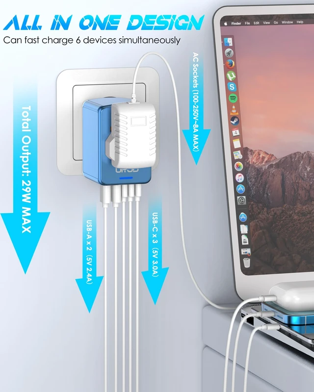 Alt view image 3 of 6 - Universal Travel Adapter with 5 USB C/A Ports 30W Fast Charging, Blue International Power Adapter for Europe UK Japan 200+ Countries, Travel Charger for Phone Laptop, 10A Fuse, 2500W AC Outlet