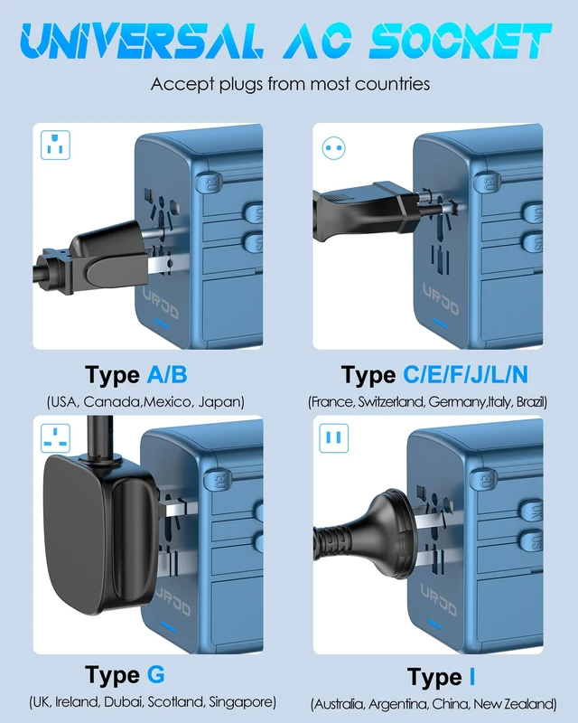 Alt view image 6 of 6 - Universal Travel Adapter with 5 USB C/A Ports 30W Fast Charging, Blue International Power Adapter for Europe UK Japan 200+ Countries, Travel Charger for Phone Laptop, 10A Fuse, 2500W AC Outlet