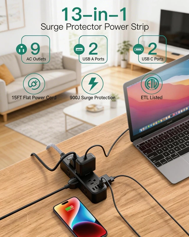 Alt view image 2 of 7 - Extension Cord with Multiple Outlets 15FT, 13-in-1 Long Power Strip 9 AC & 4 USB Ports (2 USB C), Surge Protector with 900J, 3-Sided Desktop Charging Station for Home Office College Dorm, Black