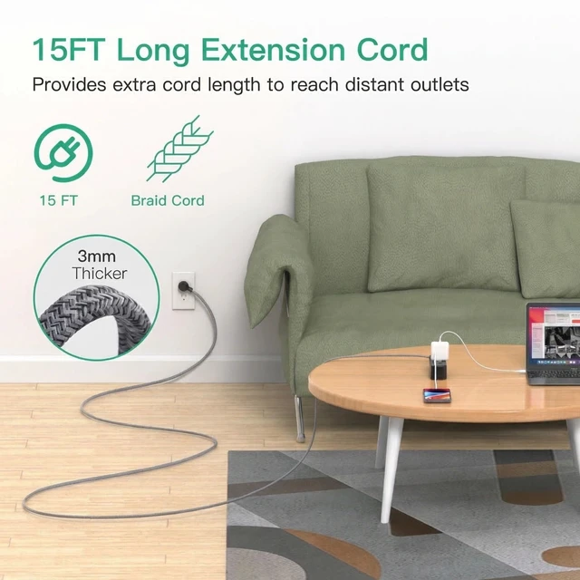 Alt view image 3 of 7 - Extension Cord with Multiple Outlets 15FT, 13-in-1 Long Power Strip 9 AC & 4 USB Ports (2 USB C), Surge Protector with 900J, 3-Sided Desktop Charging Station for Home Office College Dorm, Black