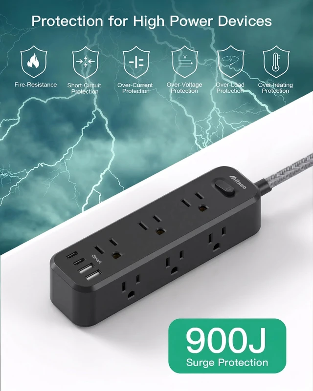 Alt view image 6 of 7 - Extension Cord with Multiple Outlets 15FT, 13-in-1 Long Power Strip 9 AC & 4 USB Ports (2 USB C), Surge Protector with 900J, 3-Sided Desktop Charging Station for Home Office College Dorm, Black