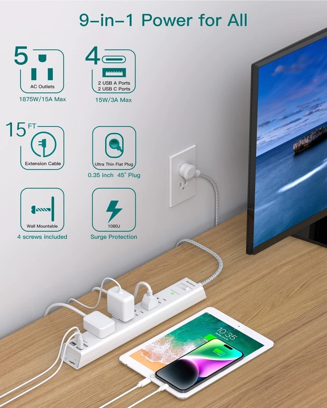 Alt view image 3 of 7 - 2 Pack Surge Protector Power Strip -15ft Extension Cord, 5 Outlets 4 USB 2 USB C Charging Ports, 1875W/15A, Flat Plug, 1080J Overload Protection Wall Mount for Home Office Dorm Room Essentials