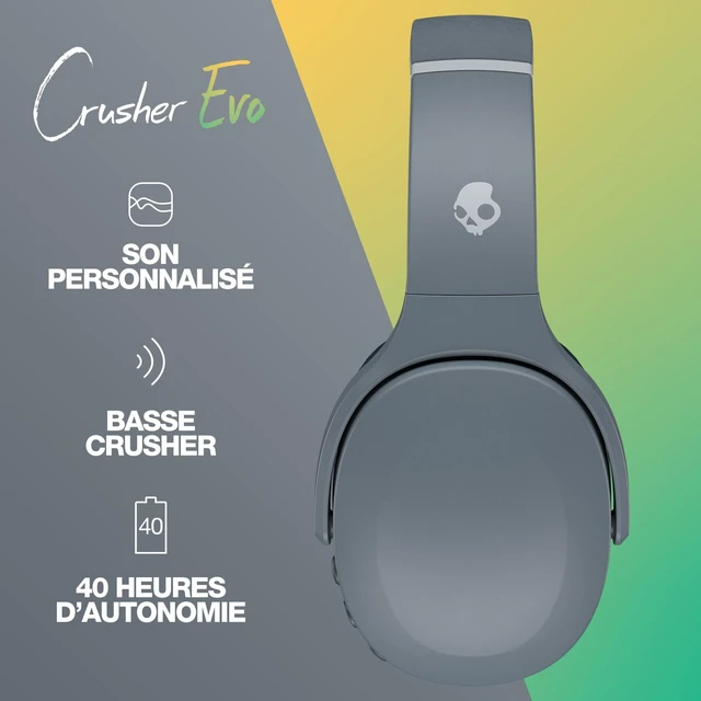 Alt view image 3 of 6 - Crusher Evo Wireless Bluetooth Headphones with Extra USB-C Charging Cable, Multi-Sensory Bass, Noise Isolating Over-Ear Fit, 40 Hours Battery, Microphone for iPhone Android - Chill Grey