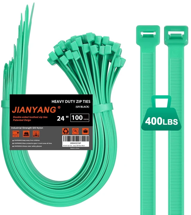 Main image of Long Zip Ties Heavy Duty 24 inch400 LBS Tensile Strength With Double Sided Toothed Super Durable Cable Ties Extra Large Wire Ties Adjustable Nylon Tie Wraps for Indoor Outdoor 100 Pack Green