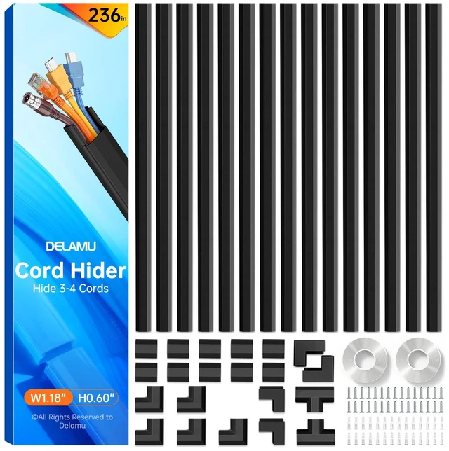 Main image of Black Cord Hider, 236in Cord Covers for 3-4 Wires on Wall, Cable Hider Wire Covers for Cords, Wire Hiders for TV on Wall, TV Cord Hider for Wall Mounted TV, 15x L15.7 W1.18 H0.6in, Black