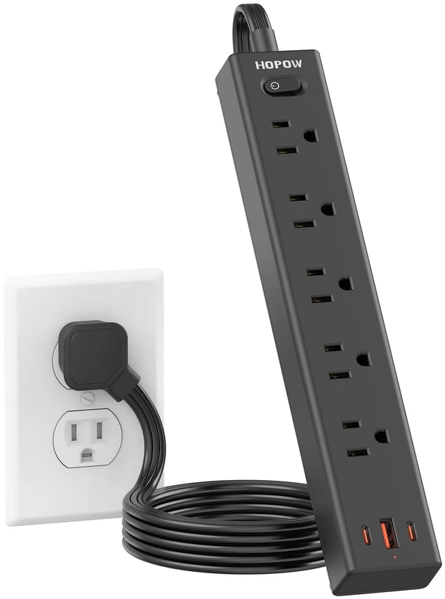 Main image of 3FT Surge Protector Power Strip, 1700J, 5AC&1A2C, Flat Plug Extension Cord Flat Power Strip, 0.33in Ultra Thin Plug, 1250W/10A, Wide Spaced, Mountable for Home Office, Black