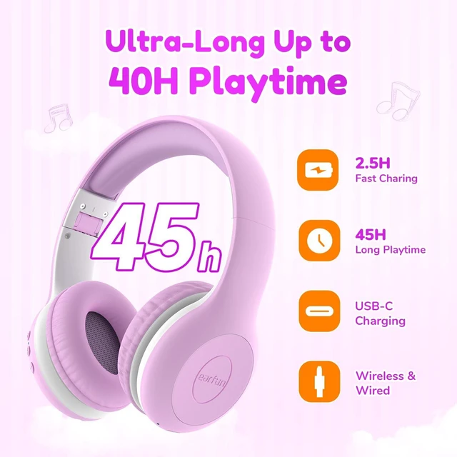 Alt view image 3 of 7 - K2 Kids Bluetooth Headphones for School, Kids Headphones with Mic Volume Limited, 40H Playtime, Built-in Mic, Stereo Sound, Foldable Over-Ear Headphone for Kids/Toddler/Travel/Tablet, Violet