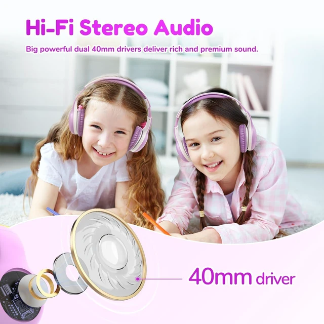Alt view image 6 of 7 - K2 Kids Bluetooth Headphones for School, Kids Headphones with Mic Volume Limited, 40H Playtime, Built-in Mic, Stereo Sound, Foldable Over-Ear Headphone for Kids/Toddler/Travel/Tablet, Violet