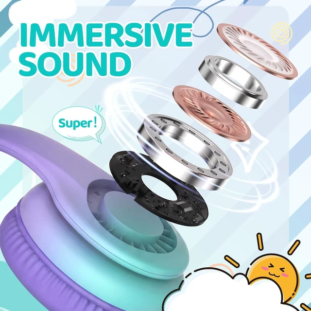 Alt view image 2 of 7 - Kids Headphones for School Toddler, 3.5mm Jack, Gradient Purple Foldable 85dBA Volume Limiter, Adjustable, Stereo Sound, Kids Wired Headphones Over-Ear for Boys Girls Entertainment Travel