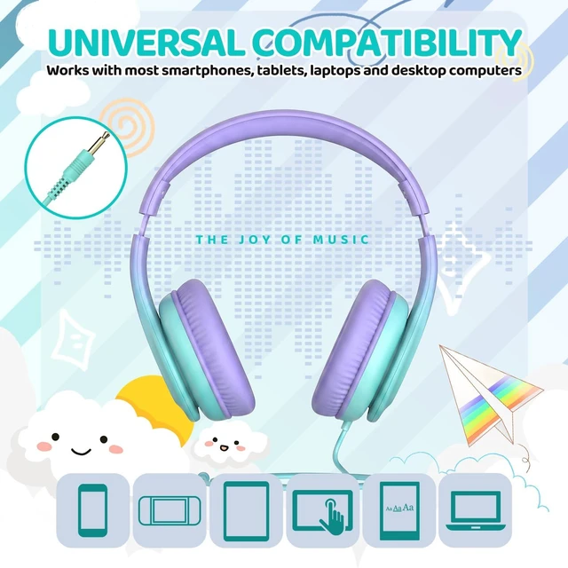 Alt view image 6 of 7 - Kids Headphones for School Toddler, 3.5mm Jack, Gradient Purple Foldable 85dBA Volume Limiter, Adjustable, Stereo Sound, Kids Wired Headphones Over-Ear for Boys Girls Entertainment Travel