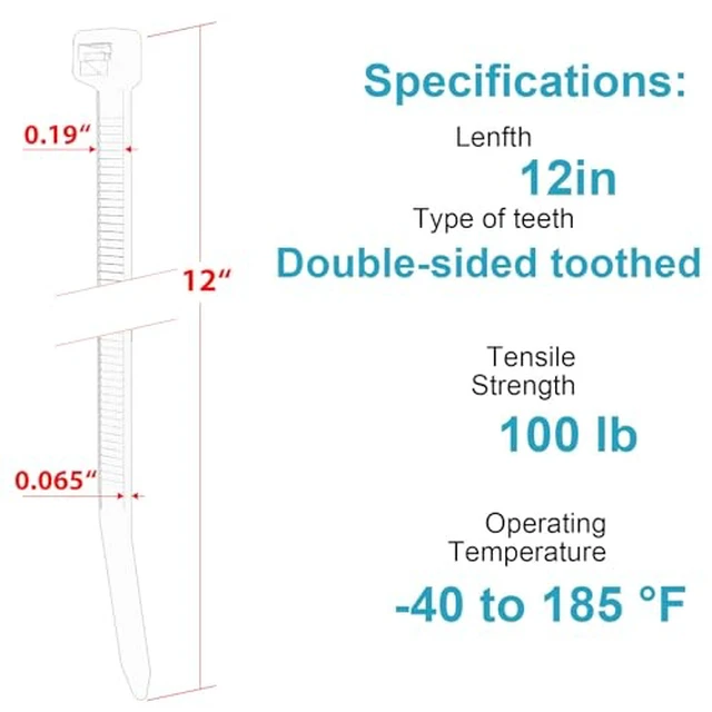 Alt view image 2 of 6 - 12 Inch Zip Ties Double Sided Toothed,100 LBS Tensile Strength Heavy Duty Cable Wire Ties With Self-Locking Adjustable More Durable Nylon Tie Wraps for Indoor Outdoor200 Pack