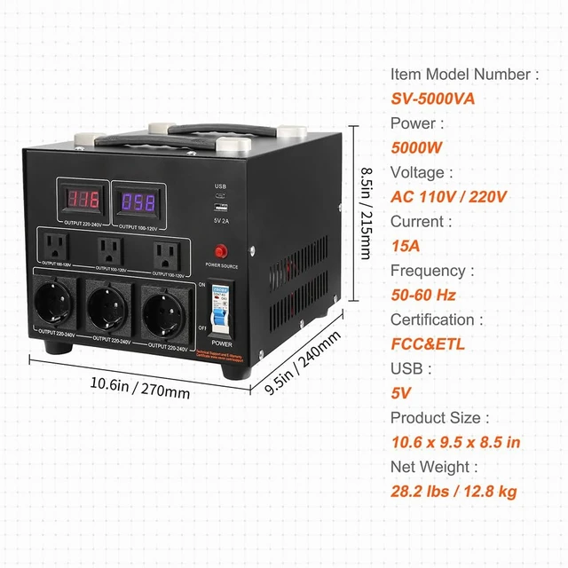 Alt view image 7 of 7 - Voltage Converter Transformer, 5000W, Heavy Duty Step Up/Down Transformer, Convert from 110 Volt to 220 Volt and from 220 Volt to 110 Volt, with US Outlet EU Outlet 5V USB Port, CE Certified