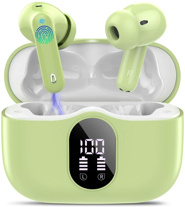 Main image of Wireless Earbuds, Bluetooth 5.4 Headphones Bass Stereo/ENC Mic,Grass Green | Ear Buds with Noise Cancelling Mic LED Display, 36H, IP7 Waterproof in Ear Earphones for Laptop Pad Phones Sports Workout