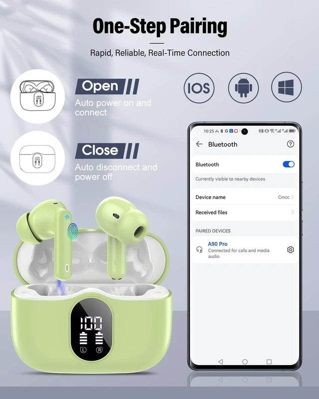 Alt view image 5 of 7 - Wireless Earbuds, Bluetooth 5.4 Headphones Bass Stereo/ENC Mic,Grass Green | Ear Buds with Noise Cancelling Mic LED Display, 36H, IP7 Waterproof in Ear Earphones for Laptop Pad Phones Sports Workout